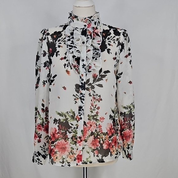 Ups & Downs Sheer Floral Ruffle Blouse Large - Picture 1 of 10